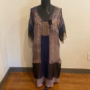 Rozae Nichols Caftan Block dress. Navy, taupe, brown, blue geometric. Size p.